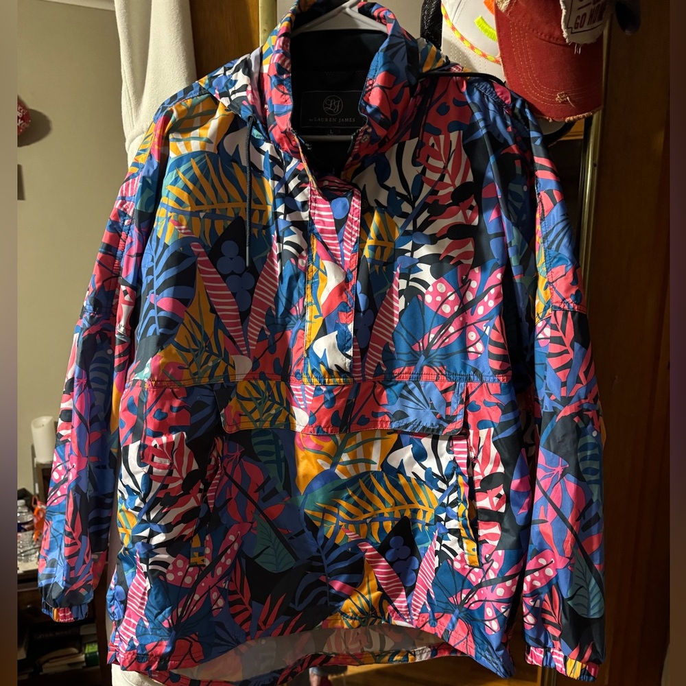 🌴🐠Lauren James Colorful Tropical Windbreaker Pullover Size Large 🌺🦜